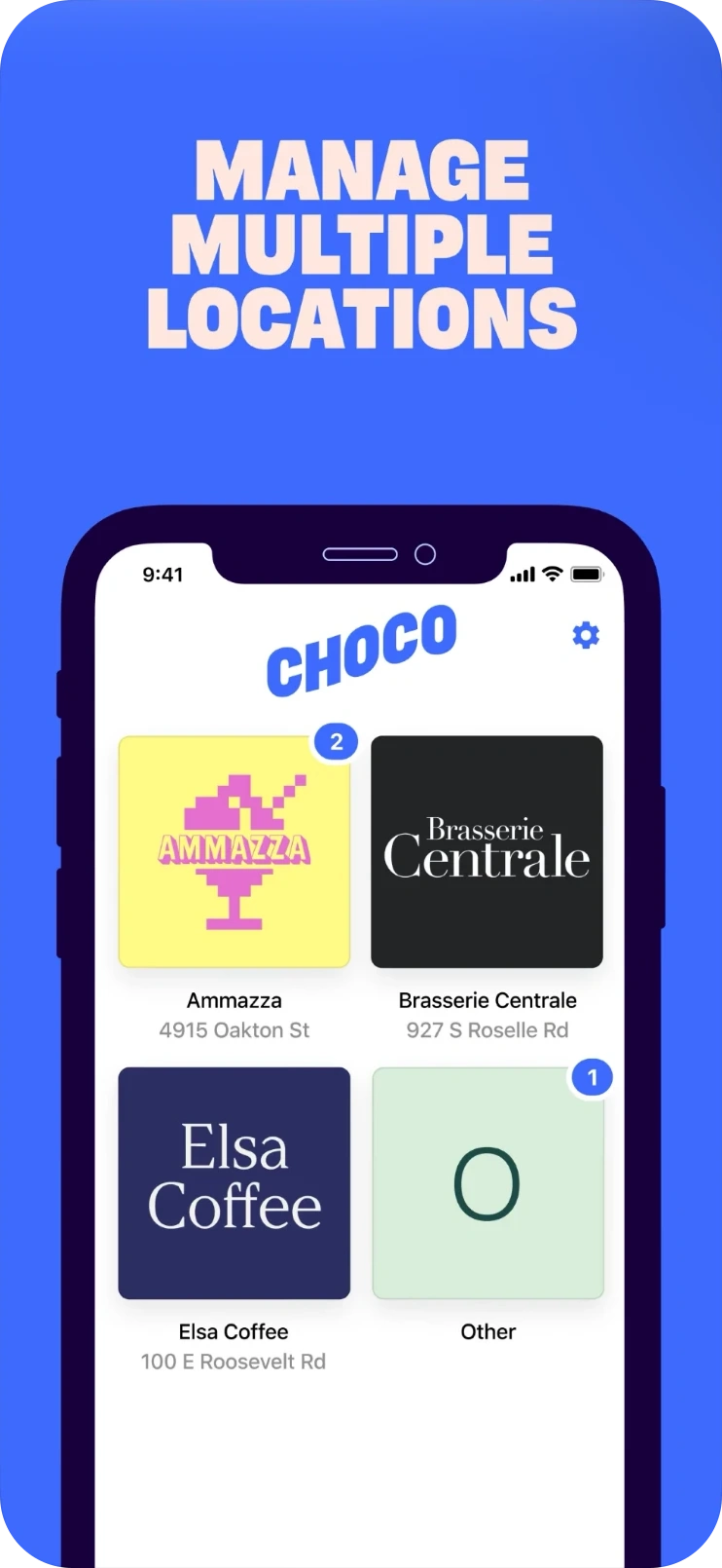 Choco app location switcher with four restaurant tiles