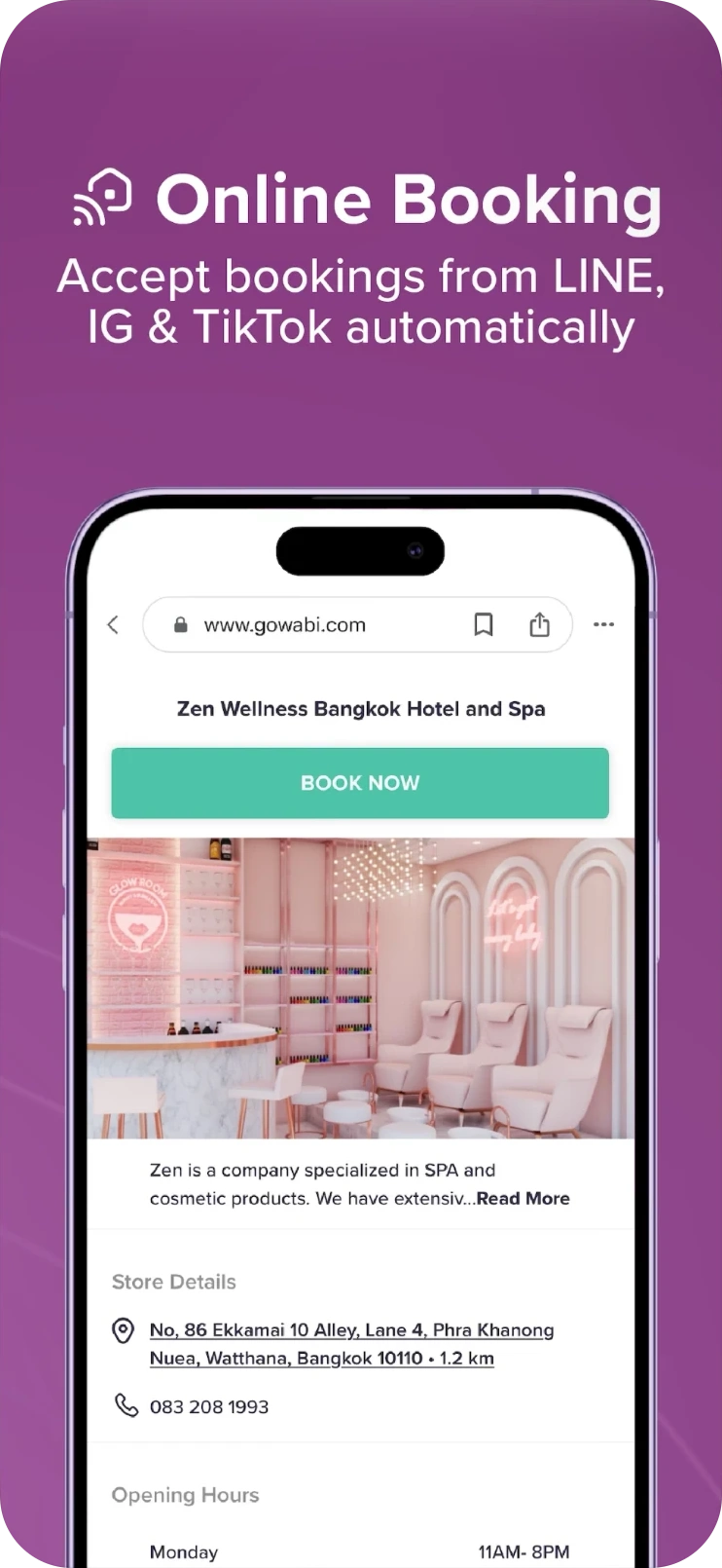 GoWabi online booking page on phone with a book now button