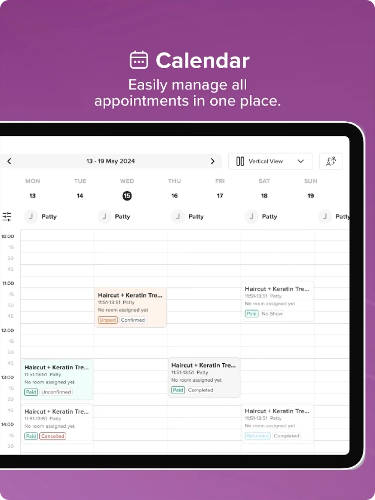 GoWabi POS weekly calendar on tablet with appointment statuses
