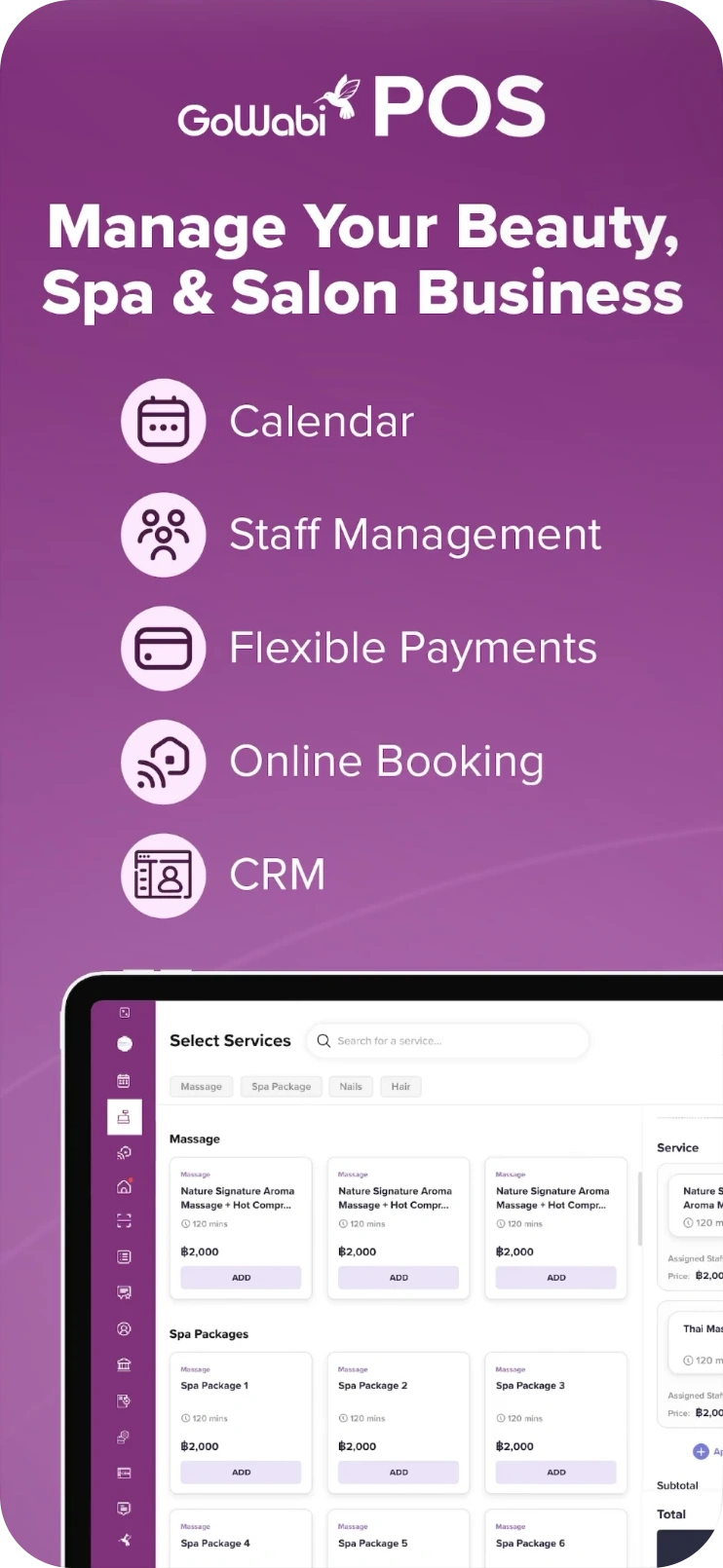 GoWabi POS on phone: calendar, staff management, flexible payments, online booking and CRM