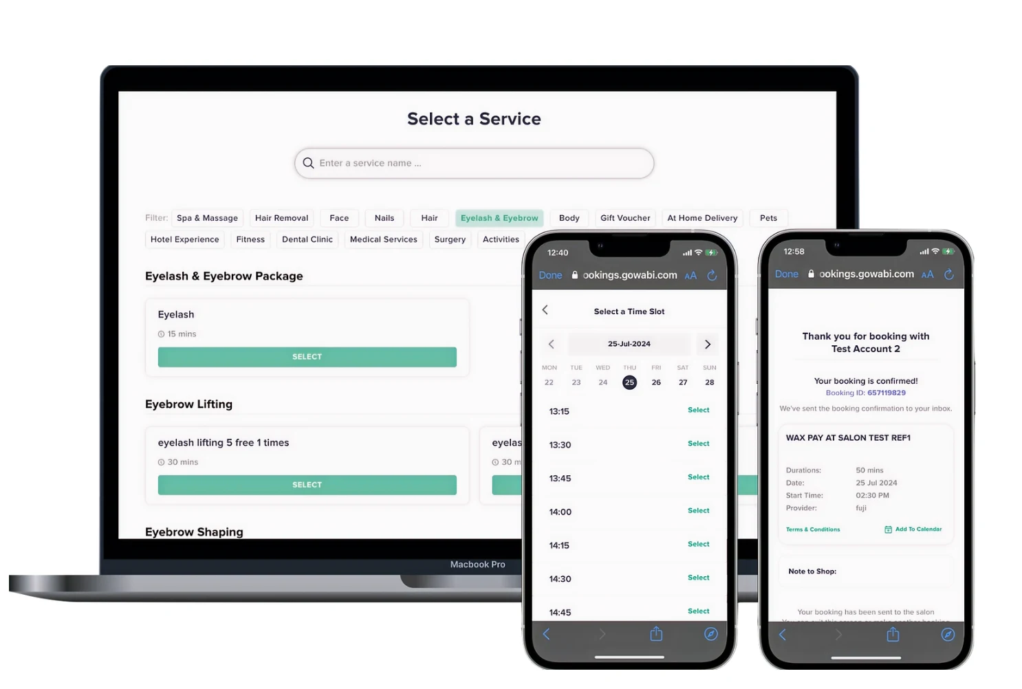 GoWabi online booking pages on laptop and phone