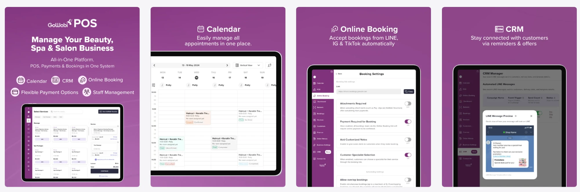 GoWabi POS features: POS, calendar, online booking and CRM