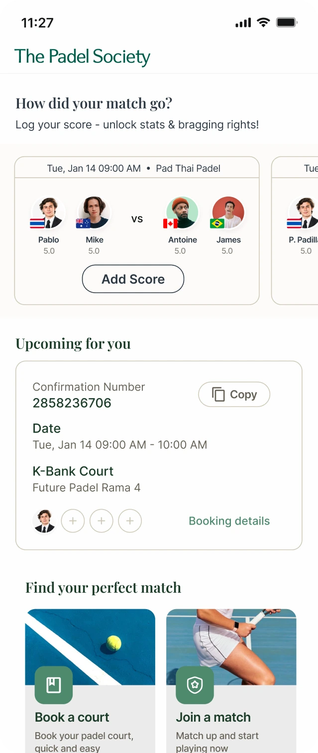 The Padel Society app home screen with a score prompt, an upcoming booking and options to book a court or join a match