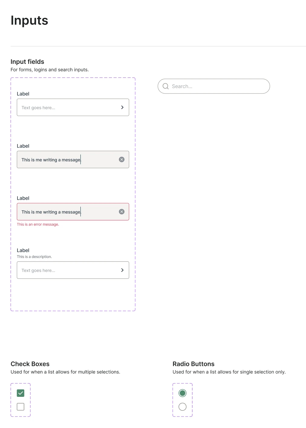 Design system sheet: input fields, search, check boxes and radio buttons