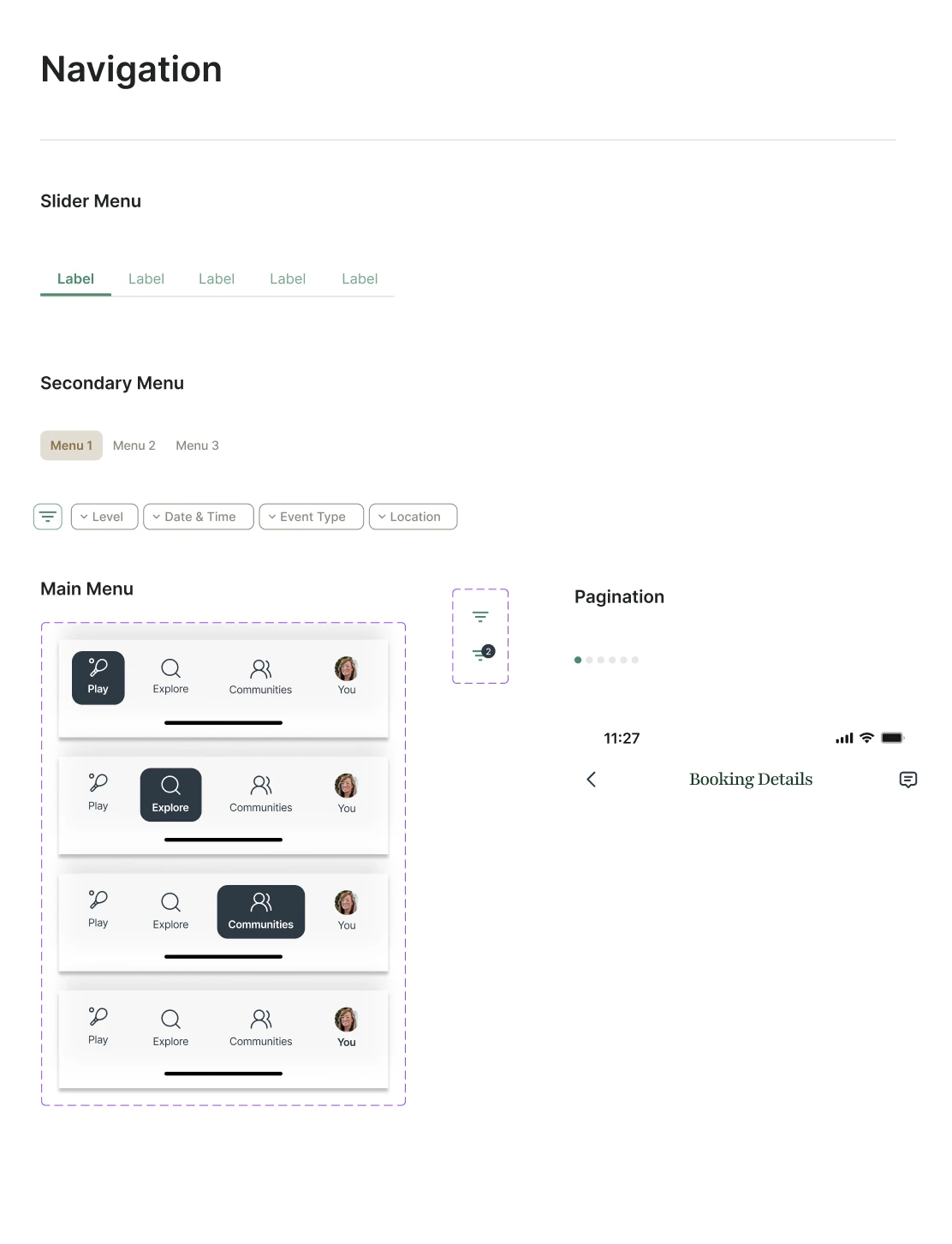 Design system sheet: slider menu, secondary menu, main menu and pagination