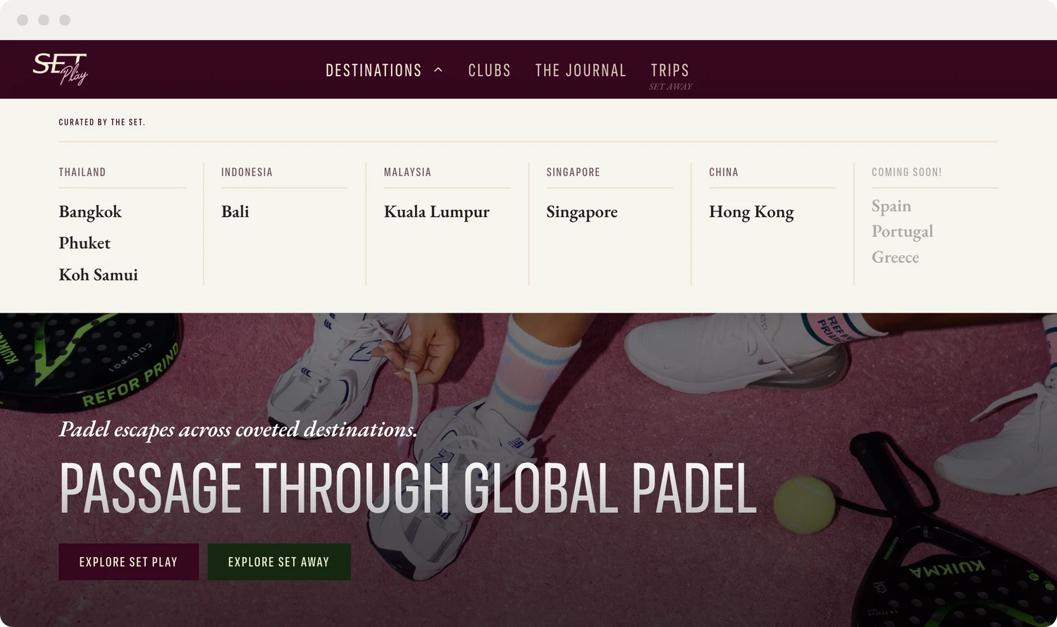 The SET home page with the destinations menu open